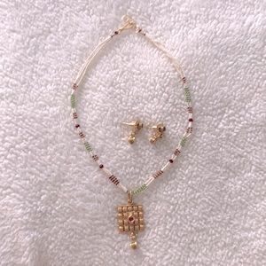 Multi color faux pearl layered Indian design necklace earrings set